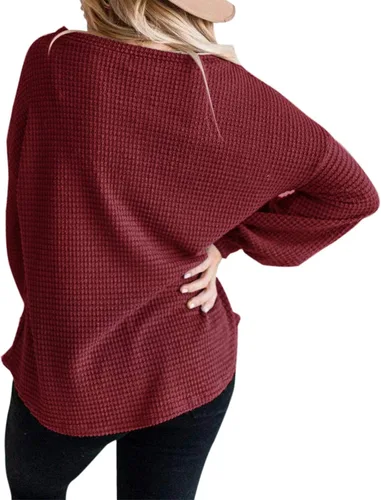 Vista 6 de Merokeety Suéter para mujer con mangas largas globo tejido de punto gofre holgado cuello redondo sin botones