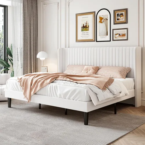 Vista 15 de SHA CERLIN - Marco de cama de terciopelo tamaño matrimonial, cabecera con alas copetudas, color negro 47'' Modern Vertical Channel Headboard