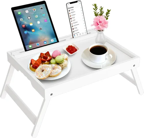 Vista 13 de Artmeer Bandeja de cama con patas plegables, bandeja de bambú para desayuno con ranura multimedia, uso como plato, escritorio para laptop