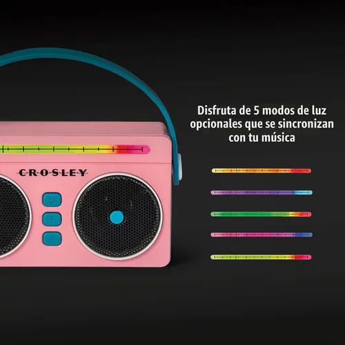 Vista 3 de Crosley CR3050A-FG Mini Boombox Altavoz Bluetooth Portátil Retro con Luces LED, Flamingo Bluetooth In, 5 Color-Changing Light Modes, LED Lights