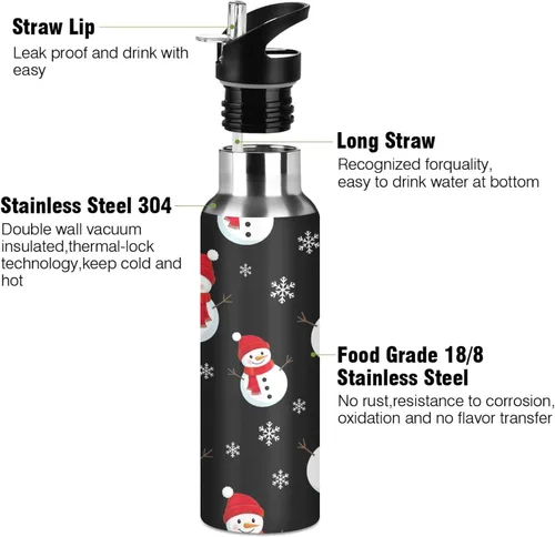 Vista 3 de Cute Snowmen Black Stainless Steel Vacuum Insulated Water Bottle 20 Oz Leakproof Water Bottles, BPA-Free Sports Water Bottle with Straw