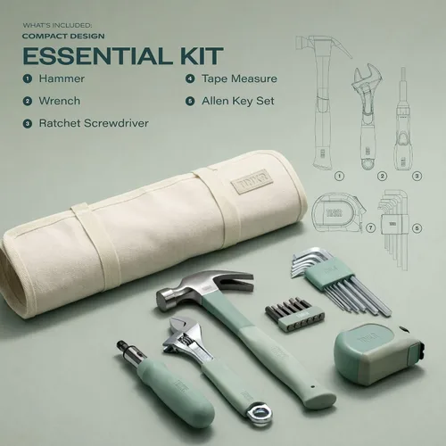 Vista 2 de TINKR Kit de herramientas esenciales para el hogar – Martillo, destornillador con trinquete, cinta métrica, llaves Allen y llave en estuche de lona.