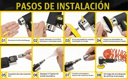 Vista 9 de Mini lijadora de aire de 1/2/3 pulgadas para trabajo de carrocería automático, mini pulidora neumática con 45 discos de lijado + 3 almohadillas