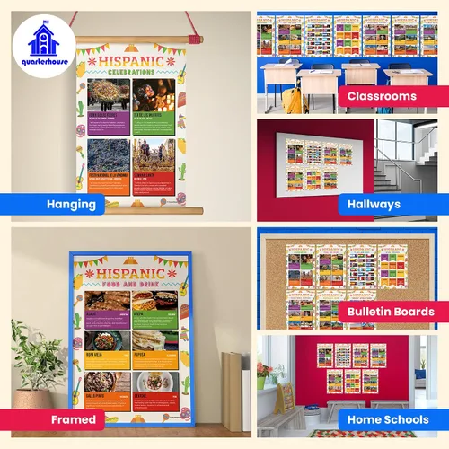 Vista 3 de Quarterhouse Juego de 7 carteles de cultura hispana, materiales de aprendizaje en español para estudiantes y profesores de K-12, 12 x 18 pulgadas