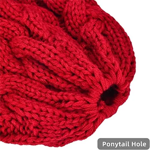 Vista 4 de Rosoz Gorro de cola de caballo para mujer, gorro cálido de invierno, suave, elástico, de punto trenzado, para moño alto