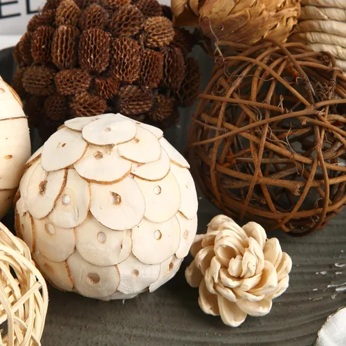 Vista 5 de Bolas decorativas para llenar cuencos y jarrones para decoración del hogar, juego de 6 piezas de bolas de ratán natural en tonos rústicos, centros