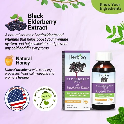 Vista 3 de Herbion Naturals Jarabe de saúco – Sistema inmunológico saludable para adultos y niños (1 año +) – Miel endulzada con sabor natural a frambuesa