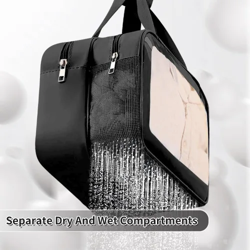 Vista 3 de Bolsa de lavado para mujeres y hombres, bolsa de aseo de viaje de gran capacidad con ventana translúcida mate y bolsillos húmedos/secos, organizador
