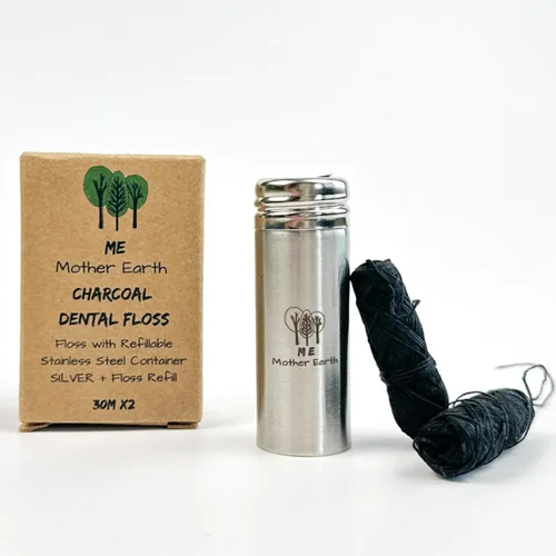 Vista 10 de Hilo dental de carbón de bambú biodegradable vegano con recipiente de acero inoxidable negro recargable, 98.4 ft x 2 pulgadas, hilo dental extra