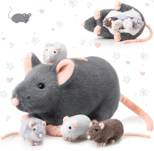 Vista 7 de Arrowbash - 5 piezas de animales de peluche de ratón con bebés, peluche de rata mamá de 14 pulgadas con 4 ratones pequeños en el abdomen