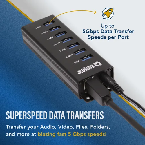 Vista 5 de USBGear Hub USB de 7 puertos 3.2 Gen 1 – Concentrador de datos supervelocidad montable con puertos USB para laptop, PC, escritorio y más, adaptador