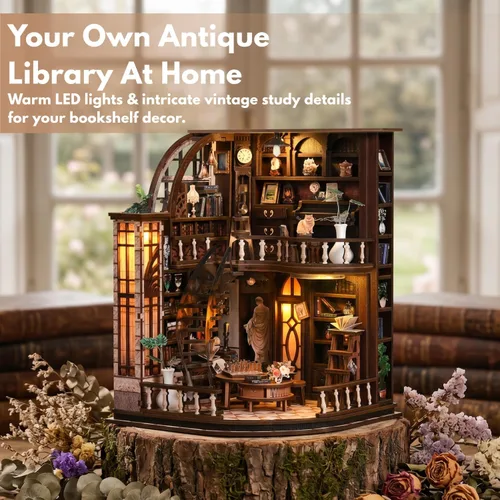 Vista 9 de FERAHI Kits de rincón de libros para adultos, decoración de rincón de libros con luz LED, kit de casa en miniatura, rompecabezas de madera 3D, kit