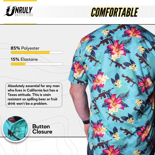 Vista 3 de Camisa hawaiana para hombre, color verde, M249, camisas con botones para hombre, divertidas camisas de armas de flores con pistolas