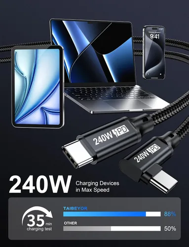 Vista 3 de Cable USB C a USB C de 240W 0.5FT, PD 3.1 Tipo C a C 5A Cable de Carga Rápida en Ángulo Recto para MacBook Pro/Air, iPad Pro/Air/Mini