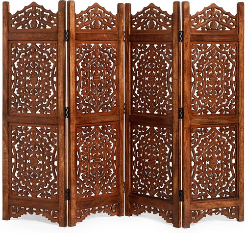 Vista 13 de Lightnpro - Divisor plegable con bisagras de madera con diseño de corazón de madera, 4 paneles con diseños intrincadamente tallados, premontado