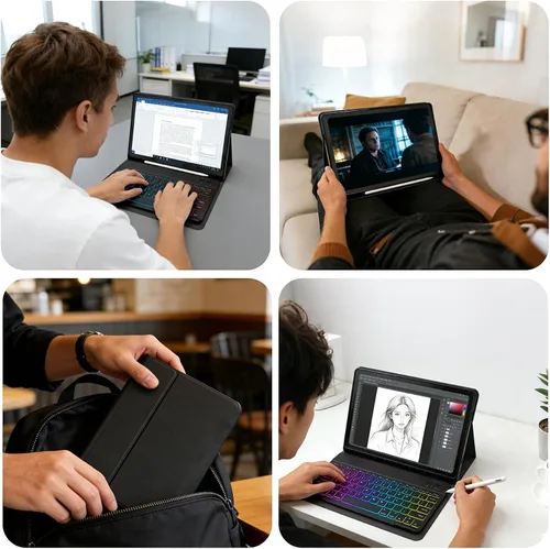 Vista 7 de Funda de teclado para Samsung Galaxy Tab S6 Lite de 10.4 pulgadas (SM-P620/P625/P613/P619/P615/P610), funda para tableta con retroiluminación de 7
