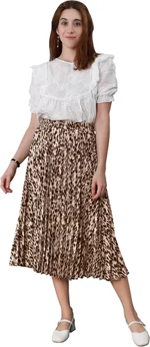 Vista 2 de CHARTOU - Falda drapeada, acampanada, cintura alta elástica, moderna, estampado de leopardo y largo por debajo de la rodilla para mujer