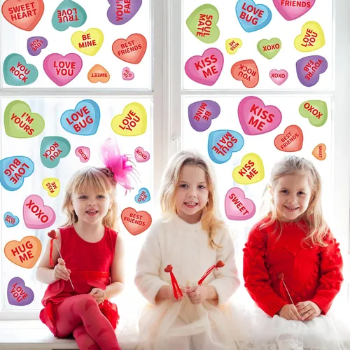 Vista 4 de Whaline 9 hojas de calcomanías románticas de corazón para el día de San Valentín, decoración de corazón de caramelo de doble cara para el hogar