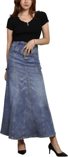 Vista 2 de CHARTOU Falda larga de mezclilla para mujer, estilo retro, con botones y vuelos a la cadera, acampanada