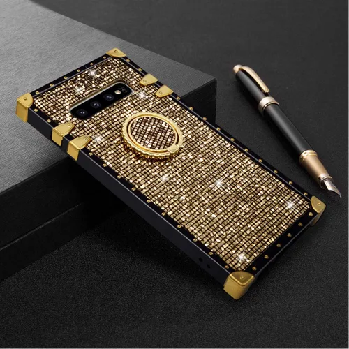 Vista 6 de LUVI Funda para Galaxy S10 Plus, purpurina brillante con soporte de anillo, parachoques de TPU a prueba de golpes, color dorado
