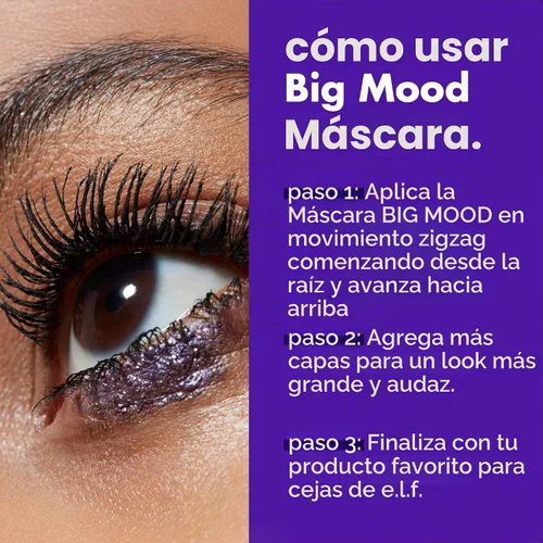 Vista 6 de e.l.f. Big Mood Máscara, crea instantáneamente pestañas largas, atrevidas y voluminosas, con cera de jojoba, color negro, 0.30 fl Oz Negro - Lavable