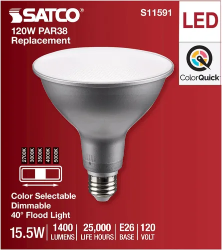 Vista 4 de Satco S11591; LED PAR38 de 15.5 vatios; base media; acabado plateado; CCT seleccionable; 120 voltios; ángulo de haz de 40 grados