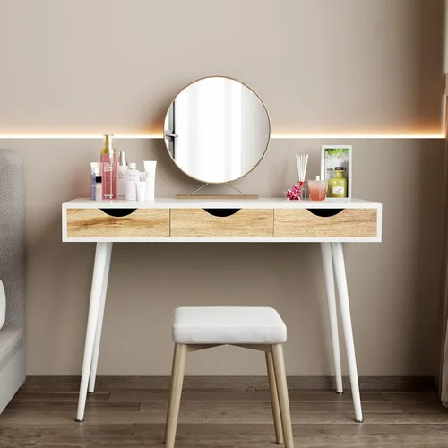 Vista 5 de Need Escritorio blanco con escritorio de almacenamiento, mesa de tocador, escritorio de computadora moderno con 3 cajones, mesa de tocador