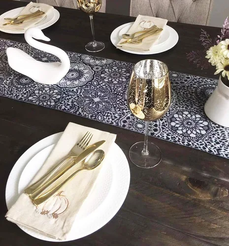 Vista 6 de Juego de cubiertos de plástico dorado de 120 piezas, reutilizables y reciclables, utensilios de plástico dorado para bodas, aniversarios, duchas