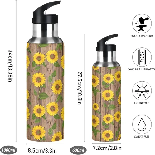 Vista 2 de Sunflowers Green Leaves Insulated Stainless Steel Water Bottle with Straw 20 Oz, BPA-Free Sport Water Bottle Insulated Leakproof Water Bottles