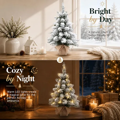 Vista 5 de Árbol de Navidad artificial mini preiluminado, árbol pequeño de Navidad de 20 pulgadas con copos de nieve, pino, con 40 luces LED, 70 puntas