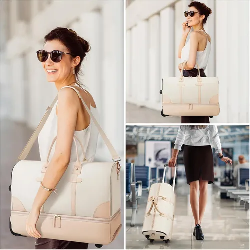 Vista 7 de ETRONIK Bolsa de lona con ruedas para mujer, Beige, Bolsa de lona con ruedas