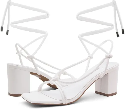 Vista 7 de Shoe Land SL-Sweets - Sandalias de tacón bajo con cordones para mujer, sandalias de tacón corto con tiras de amarre grueso, sandalias de tacón corto