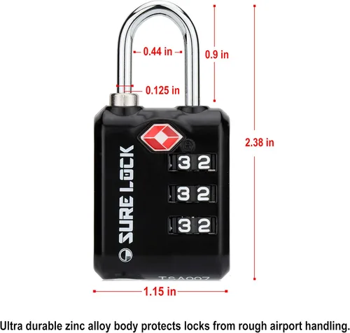 Vista 4 de SURE LOCK Cerraduras de equipaje de 3 dígitos aprobadas por la TSA con cuerpo de aleación de zinc y grillete de acero endurecido para bloquear