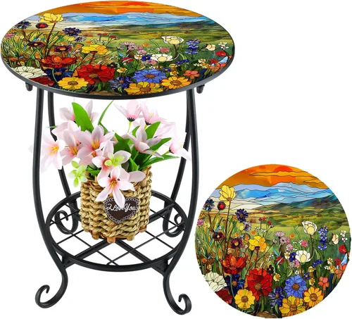 Vista 9 de Cinnvoice Mesa auxiliar redonda para exteriores, mosaico pequeño, decoración de patio, planta interior, mesa de té para patio, porche, jardín, sala
