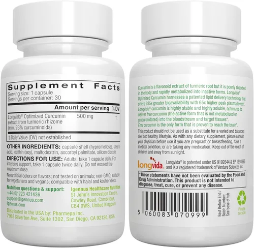 Vista 6 de Longvida - Curcumina optimizada de 500 mg, ultra biodisponible y acción sostenida, vegana, 30 cápsulas