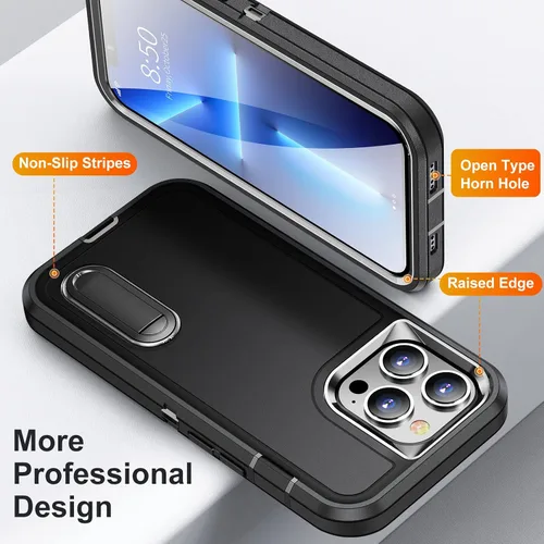 Vista 4 de IDweel Funda para iPhone 13 Pro Max con soporte, color negro para iPhone 13 Pro Max para hombres, protección de alta resistencia, a prueba
