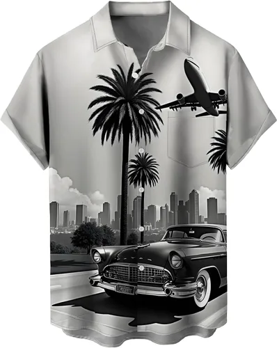 Vista 42 de Camisas tropicales con botones para hombre, camisas hawaianas de manga corta, casuales para vacaciones, camisas de playa holgadas Beige-playa escena