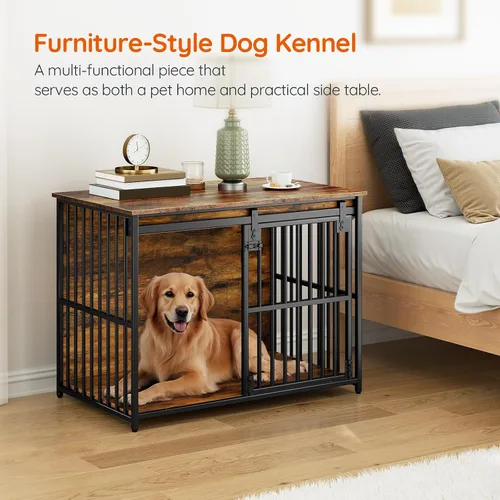 Vista 5 de HOOBRO Mueble de jaula para perros, perrera resistente de 36.6" con puerta de granero deslizante, jaula de madera para perros para interiores, mesa