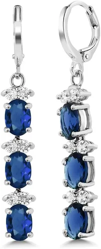 Vista 3 de Gem Stone King Juego de pulseras de tenis con circonita cúbica azul y blanca de 7 pulgadas con aretes colgantes ovalados a juego de 2 pulgadas