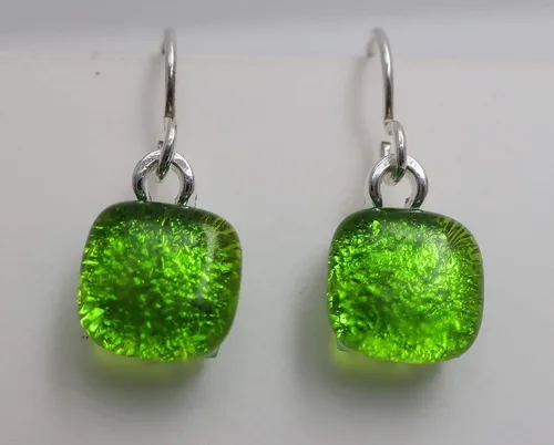 Vista 3 de Bright Chartreuse Green Fused Dichroic Glass Earrings Sterling Silver Earrings N334