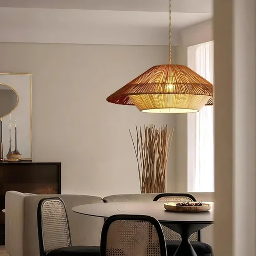 Vista 6 de LIGHTLAND Lámpara colgante de ratán bohemio de 19.7 pulgadas, araña tejida con cordel, lámpara tejida a mano estilo Wabi-sabi para comedor, isla
