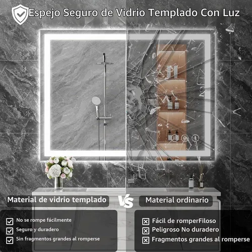 Vista 4 de Koonmi Espejo de baño LED 38x26 con luz, antivaho y 3