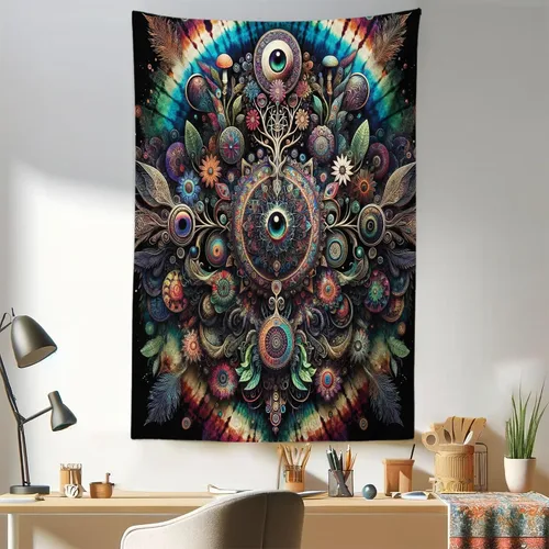 Vista 113 de Ambesonne Tapiz Trippy, vista panorámica de la cascada con bosques de ensueño y mandala oriental psicodélico, decoración de tela para colgar