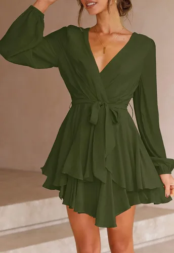Vista 4 de Ferlema - Vestido sexy con cuello en V y manga larga con volantes y envolvente con lazo en la cintura, estilo casual, acampanado