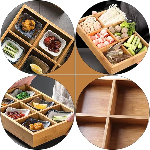 Vista 6 de Cabilock Plato de bambú para ollas calientes con 6 compartimentos, bandeja dividida para verduras, frutas, almacenamiento de alimentos, 12.00 x 8.26