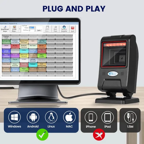 Vista 2 de OBZ Escáner de código de barras de escritorio manos libres, lector de código QR omnidireccional 1D 2D con cabezal de escaneo ajustable, escáner