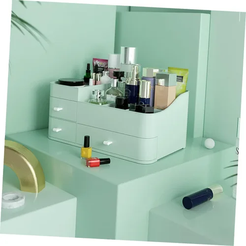 Vista 4 de Housoutil 1pc Household Makeup Organizer with Drawer Green Plastic Cosmetic Storage Box for Lipstick Skincare and Brushes Desktop Organizer for