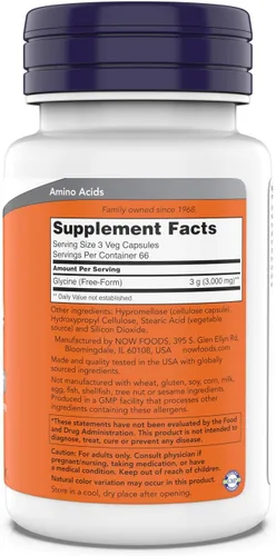 Vista 2 de Now Foods Glicina 1000 mg, grado farmacéutico de forma libre, soporte de neurotransmisor*, promueve un sueño reparador*, sin gluten, vegano, kosher