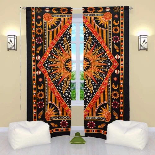 Vista 14 de Popular Handicrafts – Cortinas de ventana con diseño de mandala hippie indio, estilo bohemio, sol ardiente, luna gitana, hermosas cortinas