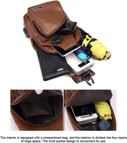 Vista 2 de Bolso bandolera de cuero para hombre, mochila cruzada de hombro con puerto de carga USB para viajes, gimnasio, deportes y senderismo, Coffee, A, A